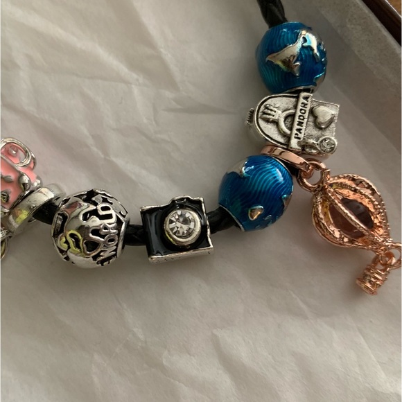 Pandora Leather Double Bracelet Necklace with World Traveler Theme Charms - Picture 6 of 8